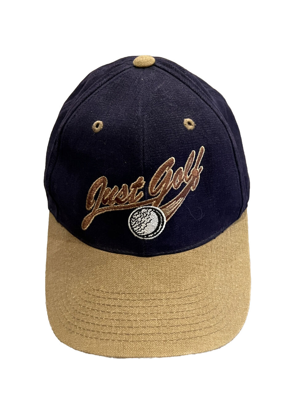 Signatures Mens Navy Tan Just Golf Adjustable Strapback Hat Baseball Golf Cap